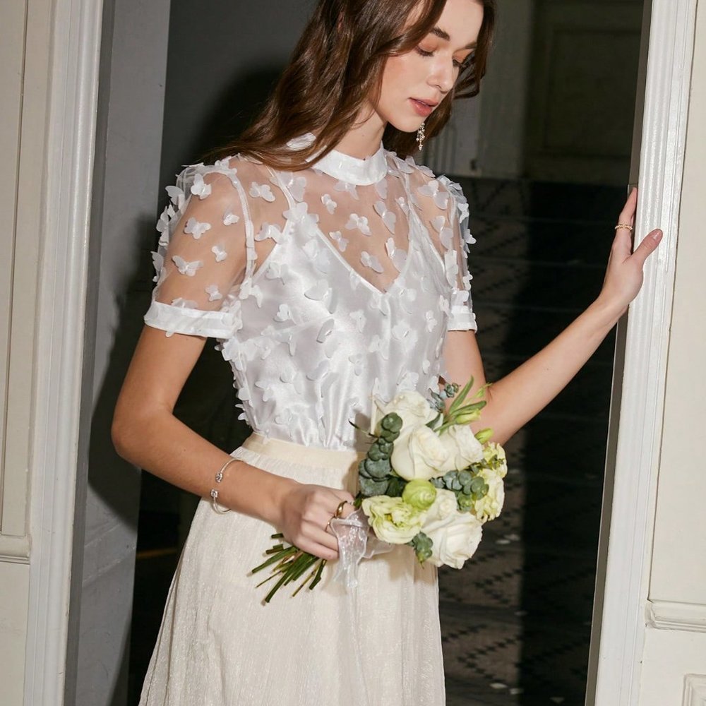 White Boho Womens Butterfly Applique Sheer Top - Picture 4 of 5